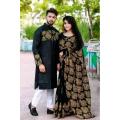 Exclusive Designer Block Print Half Silk Saree & Dhupian Silk Panjabi Combo for Couple - Stylish & Fashionable Ensemble.