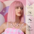 Bob Light Pink Cosplay Synthetic Wigs Straight Lolita Short Wig Halloween Natural Hair with Bangs for Women Afro Heat Resistant. 