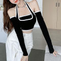 Jumperjuser-Female Crop Tops, Off Shoulder Long Sleeve Fake Two Pieces T-Shirt Blouse for Spring Summer, Gray/Black.
