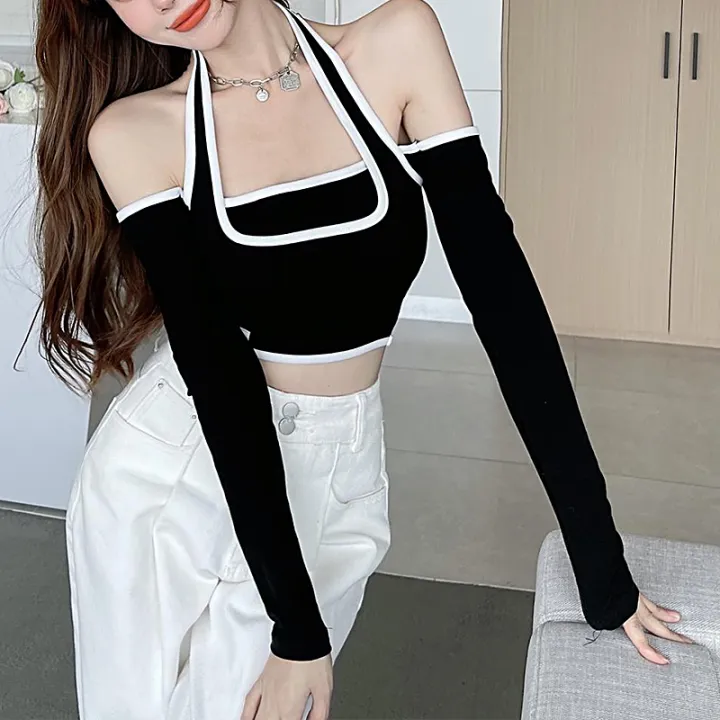 Jumperjuser-Female%20Crop%20Tops,%20Off%20Shoulder%20Long%20Sleeve%20Fake%20Two%20Pieces%20T-Shirt%20Blouse%20for%20Spring%20Summer,%20Gray/Black%20-%20Image%205