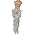 Nightclub Party Celebration Feather Rhinestone Dress Women Elastic Sleeveless Prom High Slit Dress Stage Performance Outfit. 