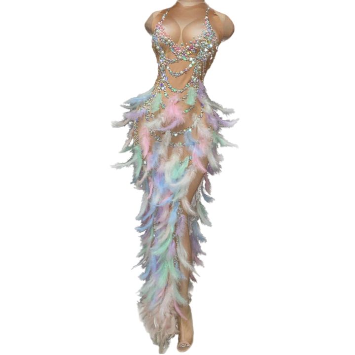 Nightclub%20Party%20Celebration%20Feather%20Rhinestone%20Dress%20Women%20Elastic%20Sleeveless%20Prom%20High%20Slit%20Dress%20Stage%20Performance%20Outfit%20-%20Image%203