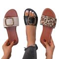2023 cross-border plus size slippers women's summer new leopard print round toe belt buckle straight flat bottom simple casual flippers. 