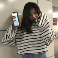 Black and White Striped Long Sleeve T T-shirt Female Student Base T T-shirt Women's Striped New Blended Cotton Korean Style Loose round Neck All-Matching.