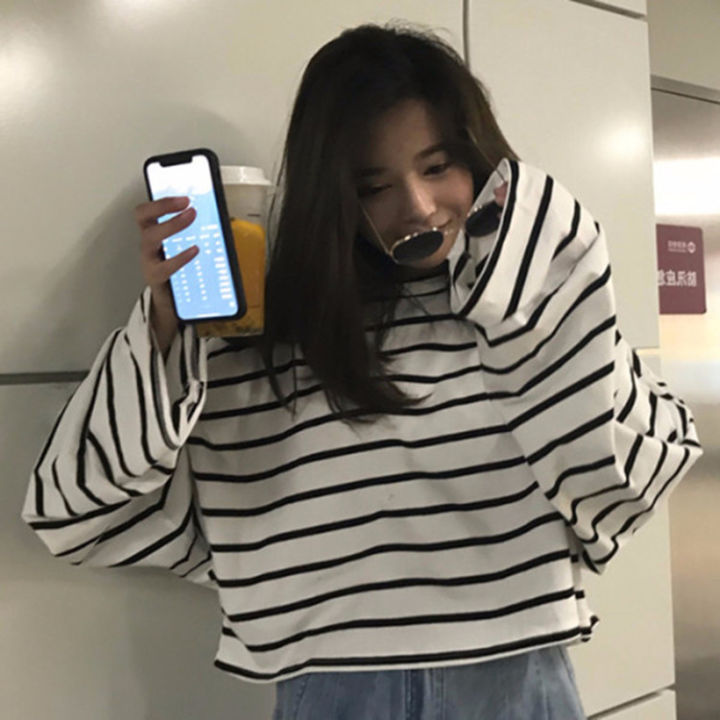 Black%20and%20White%20Striped%20Long%20Sleeve%20T%20T-shirt%20Female%20Student%20Base%20T%20T-shirt%20Women's%20Striped%20New%20Blended%20Cotton%20Korean%20Style%20Loose%20round%20Neck%20All-Matching%20-%20Image%202