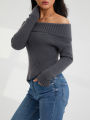 Women's Off Shoulder Sweater, Long Sleeve Solid Color Asymmetrical Hem Knit Tops. 
