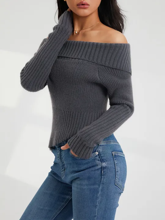 Women's%20Off%20Shoulder%20Sweater,%20Long%20Sleeve%20Solid%20Color%20Asymmetrical%20Hem%20Knit%20Tops%20-%20Image%209