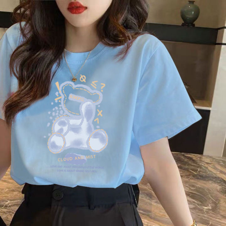 138 Korean Style Short Sleeve T T-shirt Women's, Blue Bottoming Top round Neck Loose Casual New Bear Printed Summer T-shirt