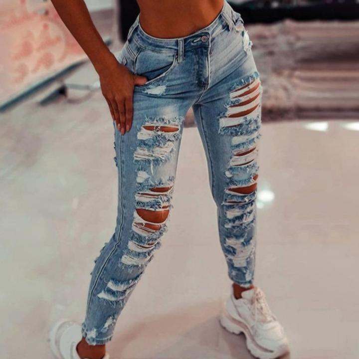 【Alien Alien】 2023 Middle Waist Skinny Jeans Woman Pencil Pants Female Tight Ripped Jeans Ladies Hollow Out Denim Pants jean femme джинсы женские