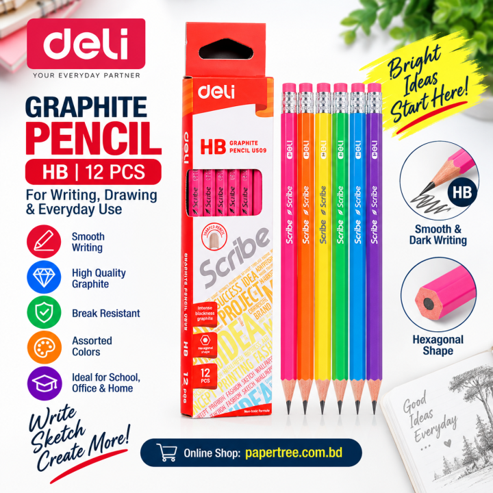 Deli EU50900 Graphite Pencil HB Assorted Colors 12 Pcs Pack for Writing & Drawing