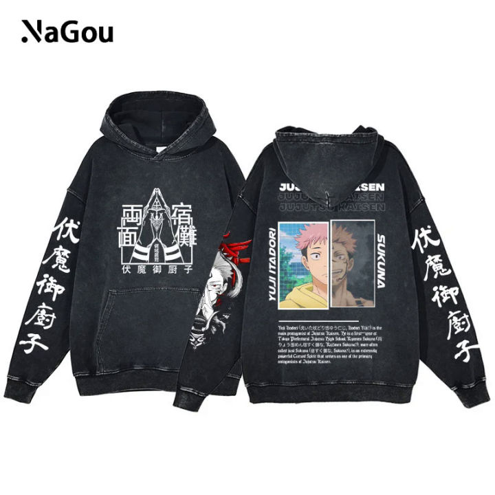 Anime jujutsu Kaisen ryomen Sukuna hoodies men manga print vintage baggy pullover Gothic long sleeve acid wash hooded sweatshirt