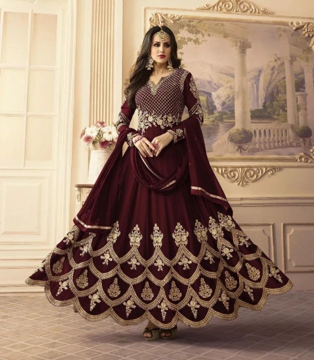 Exclusive Design Semi Stitched Indian Weightless Georgette Embroidery Long Floor Touch Anarkali Party Dress 409 Daraz .bd