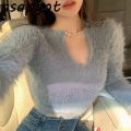 Temperament Grey Chain Tassel V Neck Sweaters Short Slim Knitwear Fashion Chic Korean 2020 Autumn White Bottom Shirts Tops Wild. 