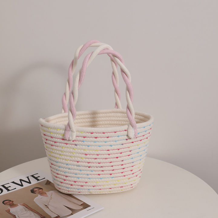 Pink%20twist%20hand-held%20cotton%20thread%20woven%20bag%20New%20small%20fresh%20hand-carried%20women's%20bag%20for%20a%20holiday%20picnic%20basket%20-%20Image%202