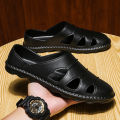 Closed-Toe Slippers Men's Summer Outdoor Non-Slip Deodorant Beach Sports Leather Sandals Hollow Driving Half Slippers Vietnam Hole. 