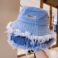 Fashionable Distressed Denim Fisherman Hat Women Washed Denim Bucket Cap with Tassel and Iron Label Outdoor Sun Protection Wide Brim.