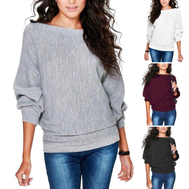 Boat%20Neck%20Batwing%20Long%20Sleeve%20Ribbed%20Sweater%20Autumn%20Winter%20Elastic%20Women%20Knitwear%20Solid%20Color%20Loose%20Sweater%20Top%20Streetwear%20-%20Image%203