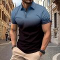 2024 New Summer Men's Gradient Zipper T-shirt with Polo Collar, Extra Large Short sleeved Top, 3XL Retro Men's Casual T-shirt. 