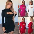 Women Bust Hollow Out Bodycon Mini Dress Spring Autumn Semi High Neck Long Sleeve Elegant Club Vestidos De Festa Mujer. 
