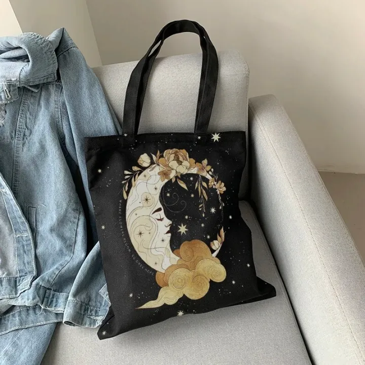 Retro%20Moon%20Art%20Tote%20Bag%20Women's%20Daily%20Casual%20Shopping%20Black%20One%20Shoulder%20Canvas%20Bag%20For%20Men%20Women%20ECO%20Groceries%20Bag%20With%20Zipper%20-%20Image%205