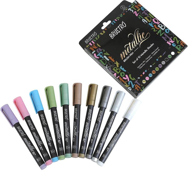 BRUSTRO%20Metallic%20Brush%20Pens%20Set%20of%2010%20Colors%20with%20Soft%20Brush%20Tip%20for%20Calligraphy%20Hand%20Lettering%20Colouring%20Scrapbooking%20and%20Card%20Making%20-%20Image%203