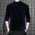 Men Solid Color Top Stylish Men's Velvet Slim Fit T-shirt Warm Soft Half-high Collar Perfect for Fall Spring Southeast Asian Buyers' Favorite Men Velvet Top. 