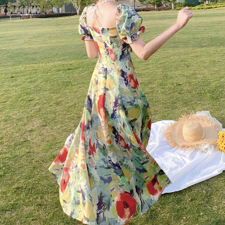 ZANZEA%20Korean%20Style%20Womens%20Puff%20Sleeve%20Printed%20Dress%20Tunic%20Loose%20Holiday%20Maxi%20Sundress%20-%20Image%204
