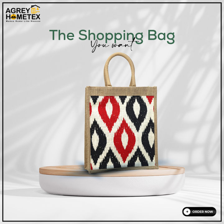Jute Shopping Bag, Natural, Red & Black, (12"x14" ), 1 Pcs