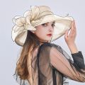 Elegant Women's Summer Hat Wide Bridal Style Leaf Flower Mesh Polyester Shower Hats Solid Color Sun Protection Visors Caps.