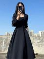 Black Maxi Dresses For Women Elegant French Square Neck Long Dress Korean Fashion Autumn 2023 Party Casual Vintage Vestidos. 