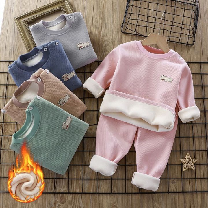 Children's fleece and thickened underwear set, boys' warm autumn clothes, autumn pants, girls' pajamas, and children's autumn and winter two-piece set