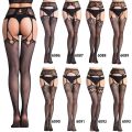Women Black Stockings High Waist Fishnet Tights Lingerie Pantyhose Leopard Print Long Mesh Lace Stocking With Belt.