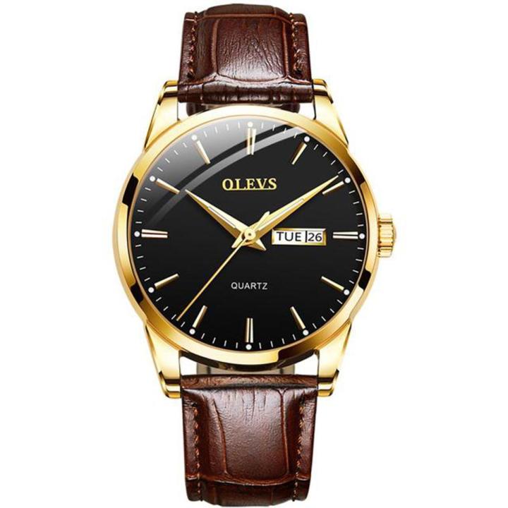 OLEVS 6898 Chocolate PU Leather Analog Watch For Men - Black & Chocolate
