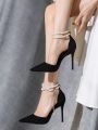 2024 Summer New Bridesmaid Pearl Bow Black Thin Heel High Heel Shoes Elegant High Heel Pointed Women's Single Shoes women shoes.