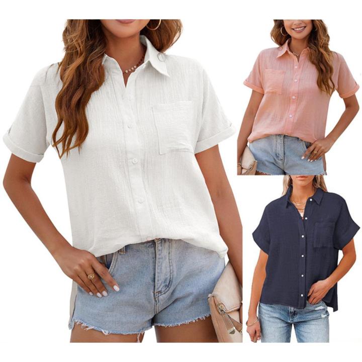 Shirts Tops For Women Short Sleeve Cotton Linen Shirt Ladies White Short Sleeve Blouses - Blouse