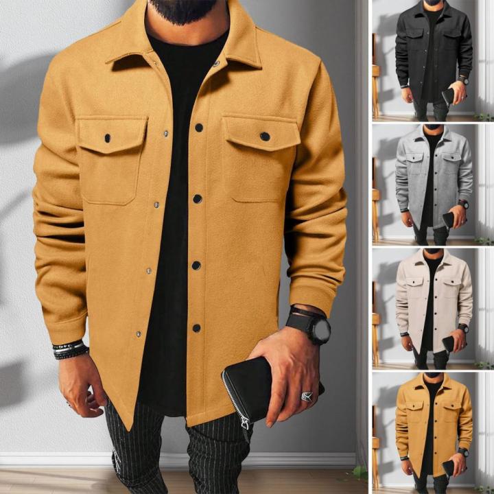 Men Button-down Shirt Jacket Long-sleeve Solid Color Jacket Stylish Men's Lapel Jacket with Flap Pockets Casual for Handsome
