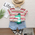 【LuckyBabyFans Store】（NEW）Children's set for boys summer stylish and handsome baby boy's clothing Striped cartoon crocodile Top shorts sets. 