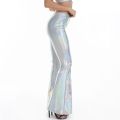 Women Girls PU Leather Metallic Pants Shiny Holographic Flare Pants Bodycon Elastic Waist Bell Bottom Trousers Clubwear. 