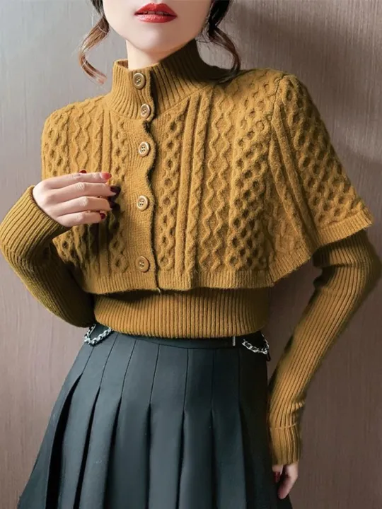 Korean%20Cloak%20Sweater%202%20Piece%20Sets%20Fall%20Winter%20Retro%20Thick%20Mock%20Neck%20Knit%20Cape%20And%20Slim%20V-neck%20Pullover%20Women%20Warm%20Sweaters%20Tops%20-%20Image%205