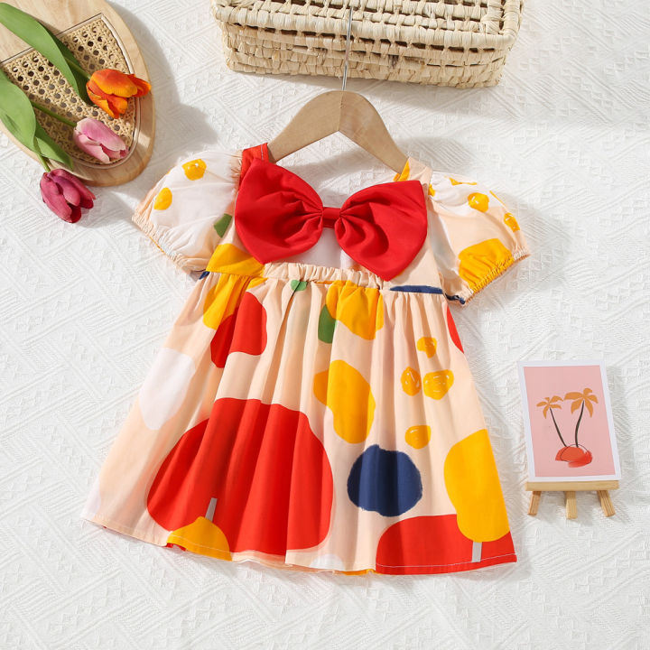 Summer%20new%20Baby%20Girls%20Dress%20Bow%20Puffy%20Sleeve%20Flower%20Hand-painted%20Wind%20Sweet%20Princess%20Dress%20Birthday%20Party%20Dress%20(0-3%20years)%20-%20Image%203