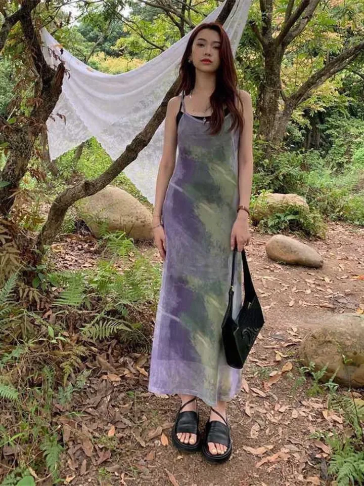 Vintage Tie Dye Print Mesh Dress Women Y2k Spaghetti Strap Maxi