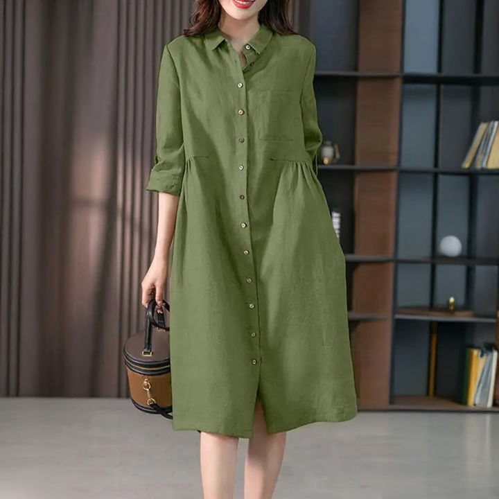 Ladies Casual Shirt Dress Long Sleeve Solid Cotton Viscose Midi Dress with Turn-Down Collar and Waist Tie, Oversized Holiday Sundress, Available in Sizes 34-50