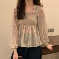 READY STOCK Korean Fashion Women Square Neck Chiffon Floral Blouse Plicated Short Style Long Sleeve Top. 