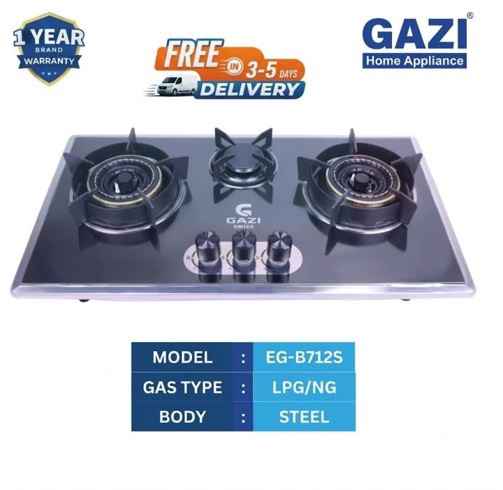 Gazi Smiss EG-B712S | 3 Burner Gas Stove – Steel Body, Auto Ignition | LPG/NG Supported. FI