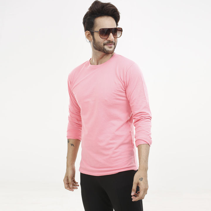Coral Pink Color Cotton Full Sleeve T-Shirt For Men_Tshirt For Man