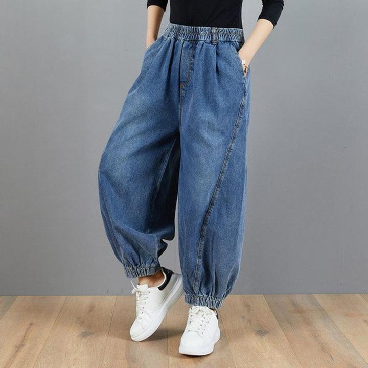 Fat Girl Denim Bloomers Women's Summer Loose Large Size High Waist Drooping All-Match Ankle-Tied Spring Casual Trousers Baggy Pants