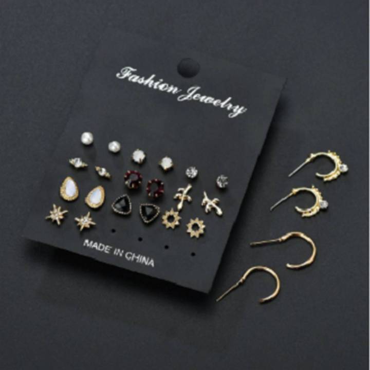 12Pair/Set Mix Design Crystal Star Leaves Stud Earrings For Women Vintage  Small Imitation Pearl Earrings Set Jewelry Bijoux Gift