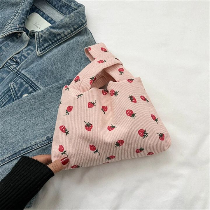 Niche Design Fashion Tote Bag Small Strawberry Pattern Corduroy Bag Puffy Handbag Trend Bucket Bag Handle Bags for Women