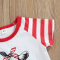 Independence Day Little Girls Outfit, Short Sleeve Round Collar Cow Head Printing Tie Up Tops + Splicing Bell-bottomed Pants. 