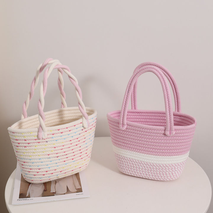 Pink twist hand-held cotton thread woven bag New small fresh hand-carried women's bag for a holiday picnic basket